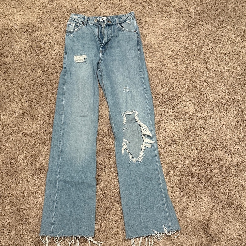Zara Light Blue Distressed Straight Leg Jeans